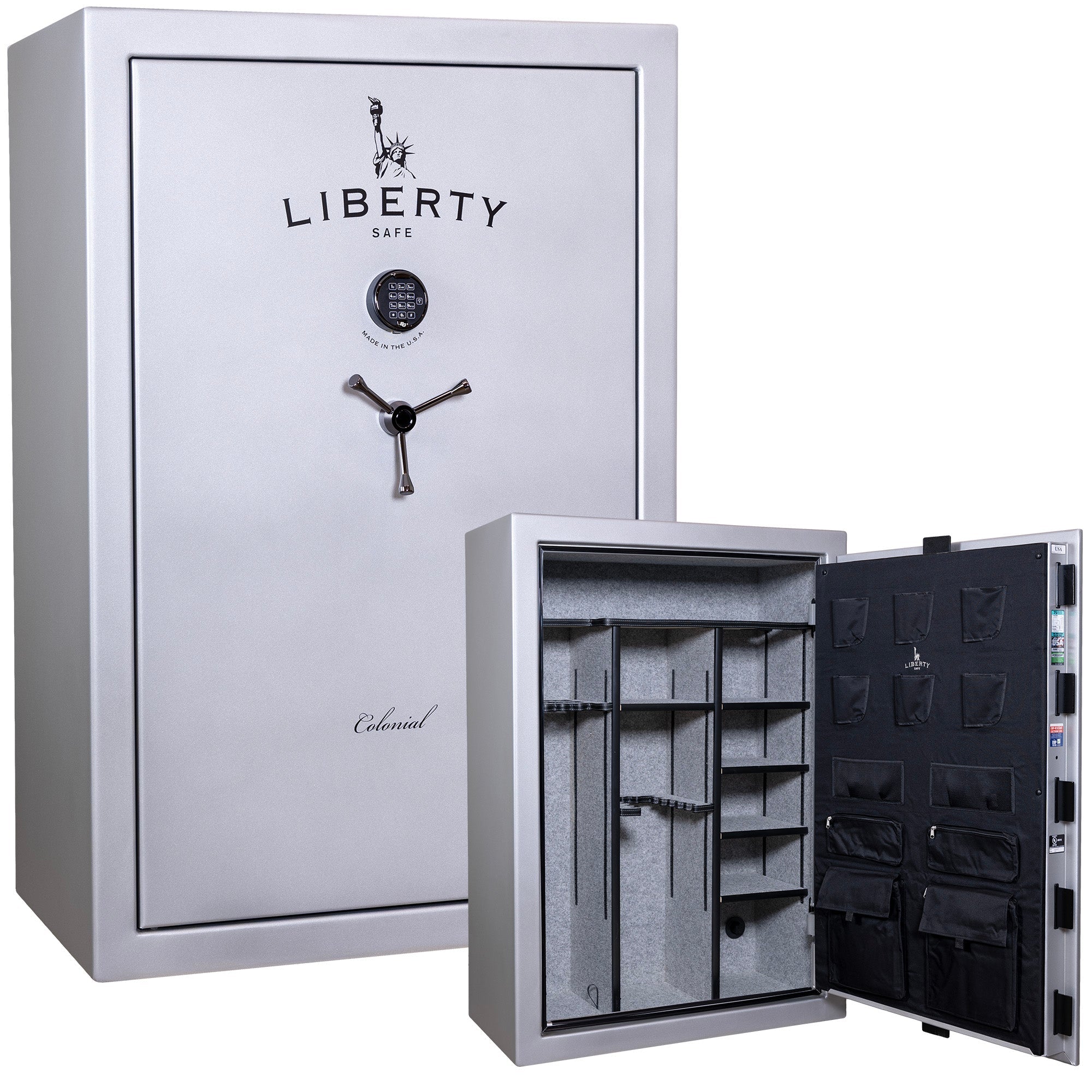 Liberty safe with open door showing interior compartments on a white background | 647346469438