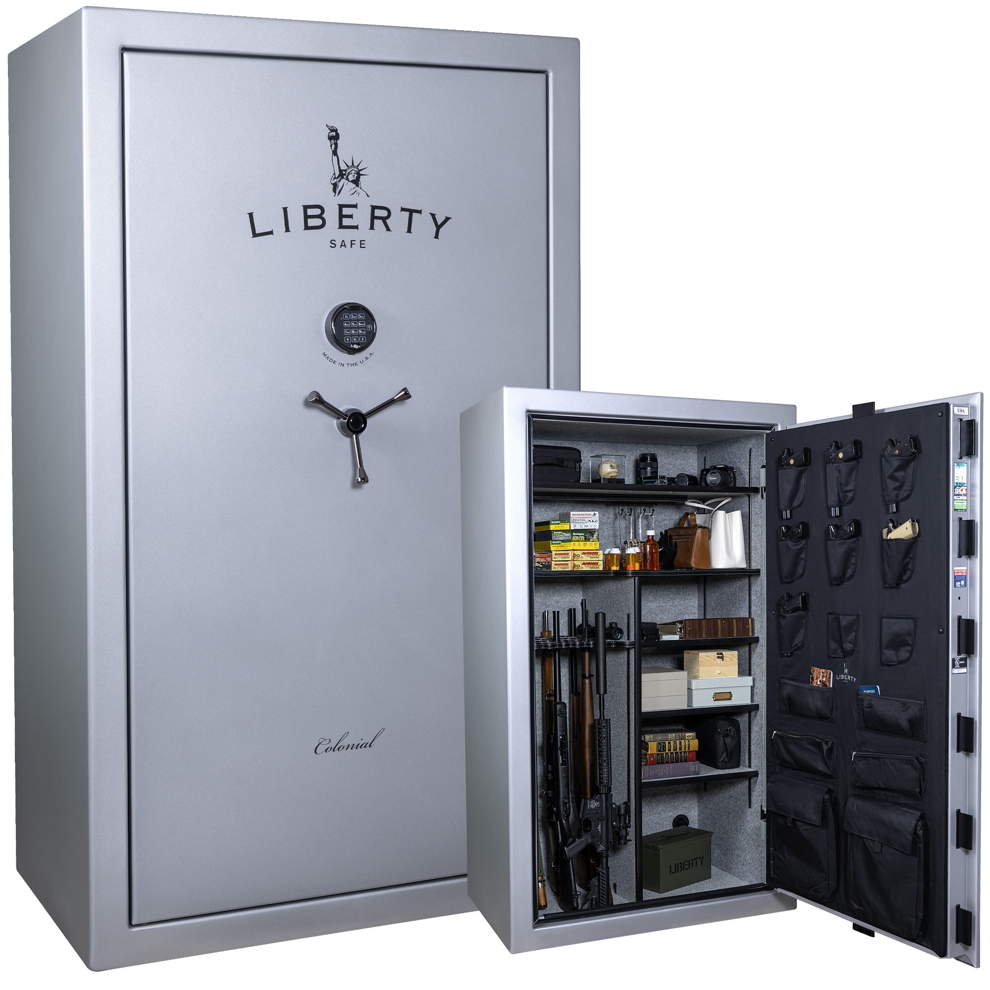 Liberty safe with open door displaying contents on a white background | 647346469513