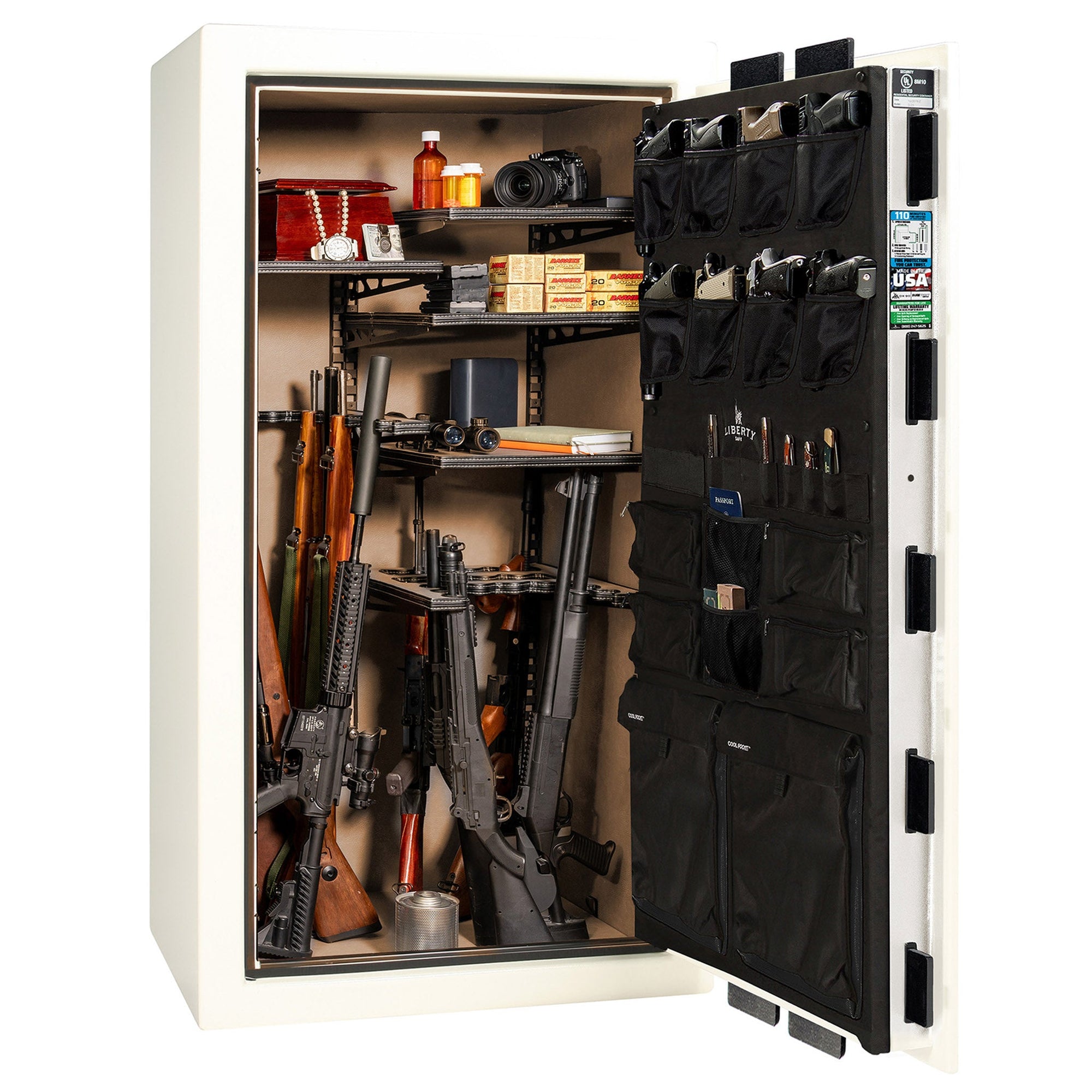 Franklin Series | Level 5 Security | 110 Minute Fire Protection | 40 | DIMENSIONS: 66.5"(H) X 36"(W) X 27.5"(D*) | White Gloss Black Chrome | ProFlex Modular Shelving - Open Door