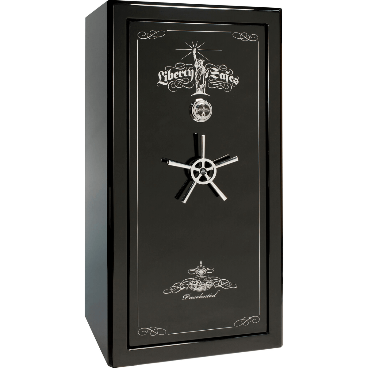 Presidential Series | Level 8 Security | 2.5 Hours Fire Protection | 25 | Dimensions: 60.5&quot;(H) x 30.25&quot;(W) x 24.75&quot;(D*) | Black Gloss Chrome Hardware | Mechanical Lock